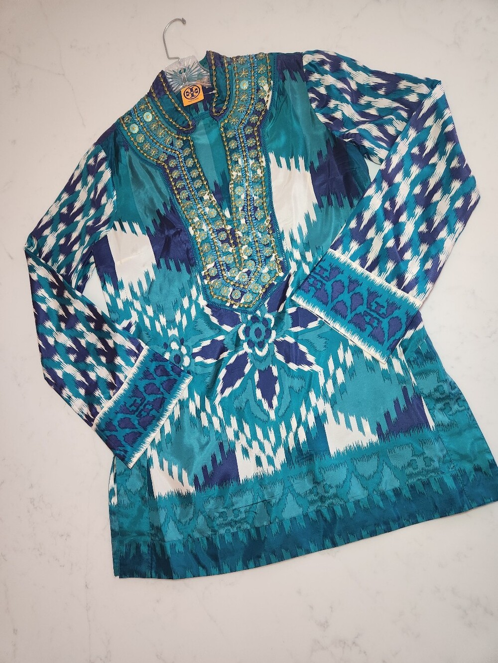Tory Burch Iveta Silk Embellished Teal & Blue Tunic Top. Size 8